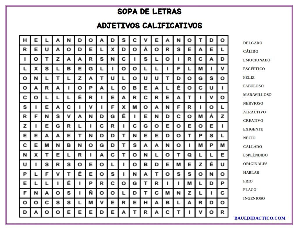 Sopa de letras de adjetivos calificativos
