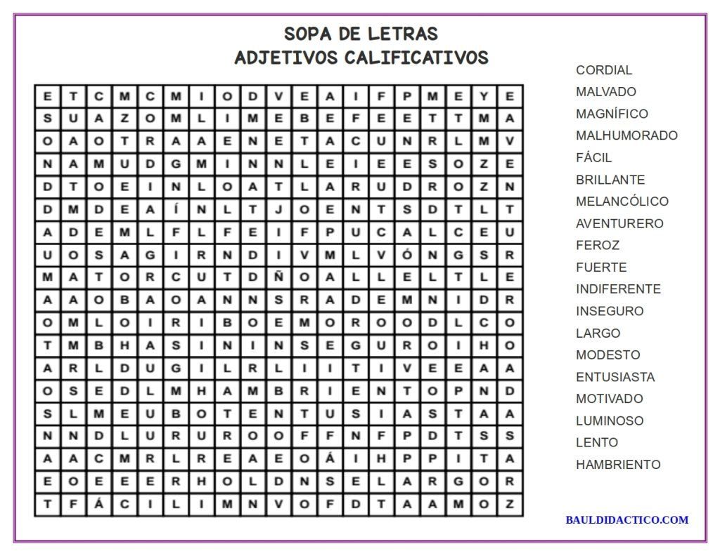 Sopa de letras de adjetivos calificativos