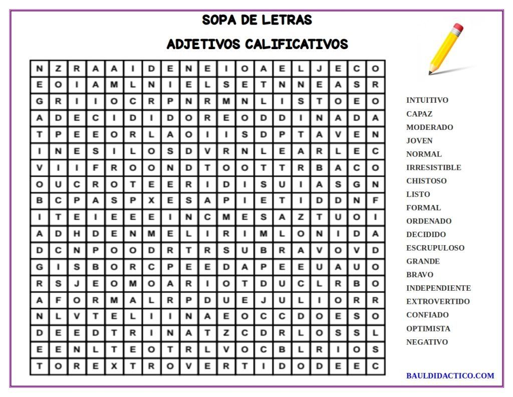 Sopa de letras de adjetivos calificativos
