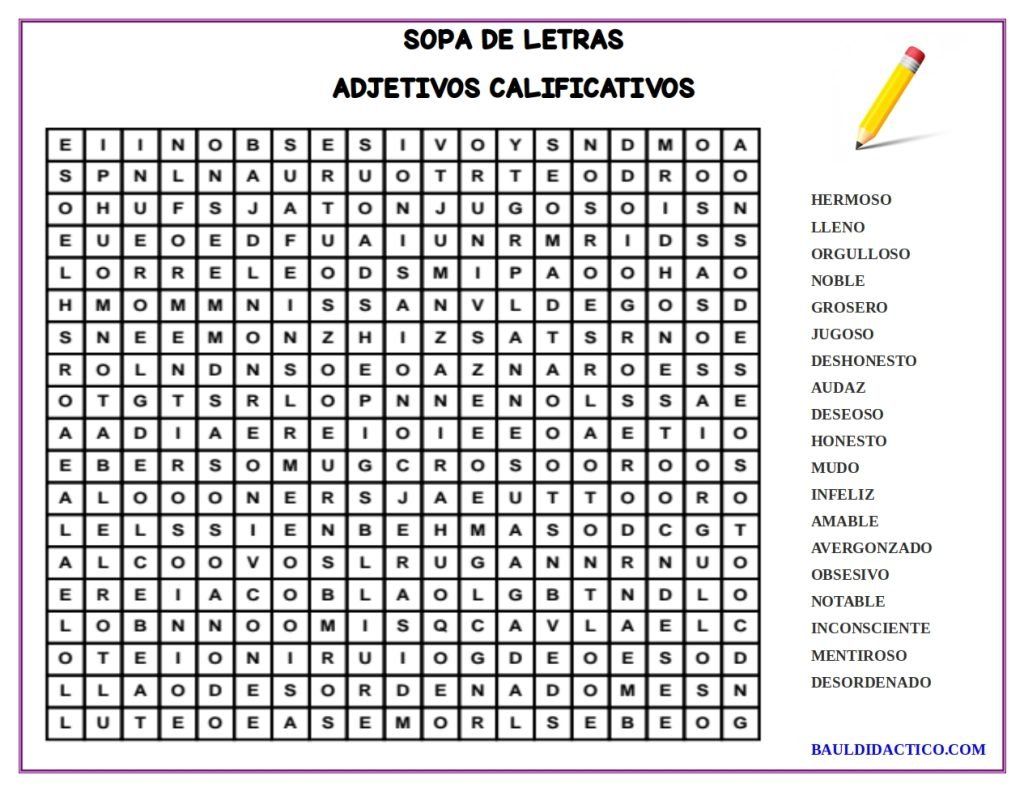 Sopa de letras de adjetivos calificativos