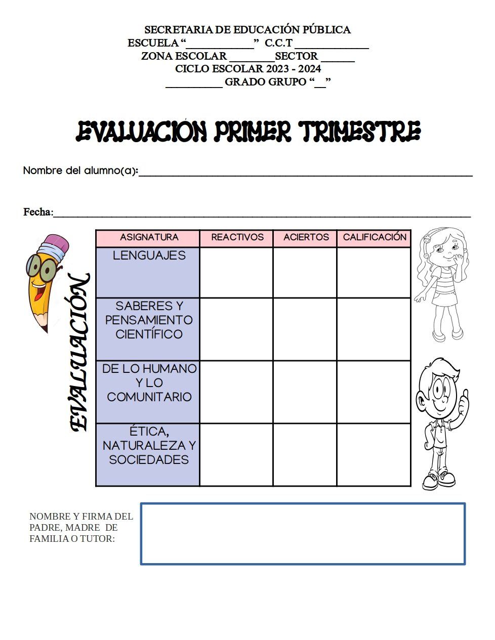 Examen quinto grado primer trimestre