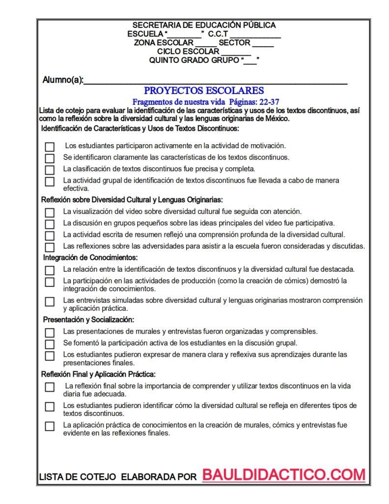 Lista de cotejo proyectos escolares- Fragmentos de nuestra vida