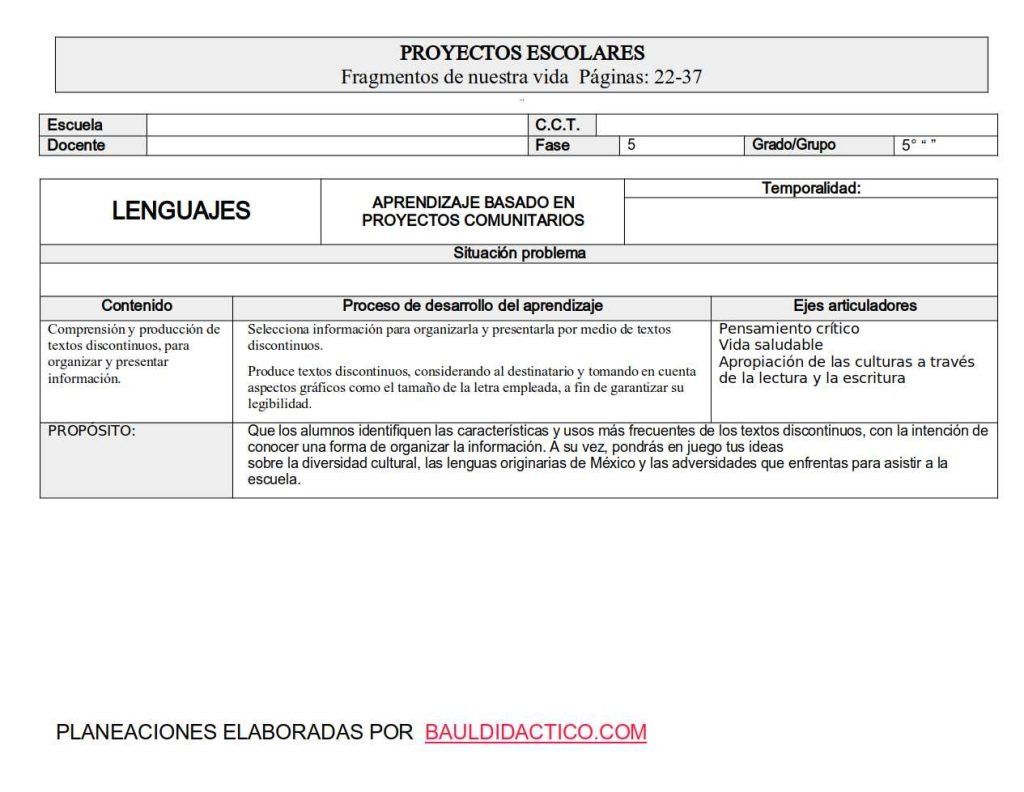 Planeaciones 5to Fragmentos de nuestra vida