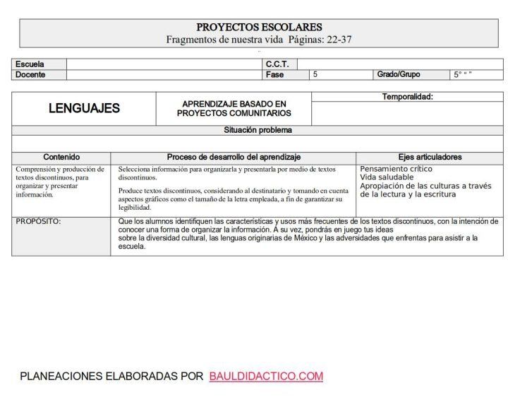 Planeaciones 5to Fragmentos de nuestra vida