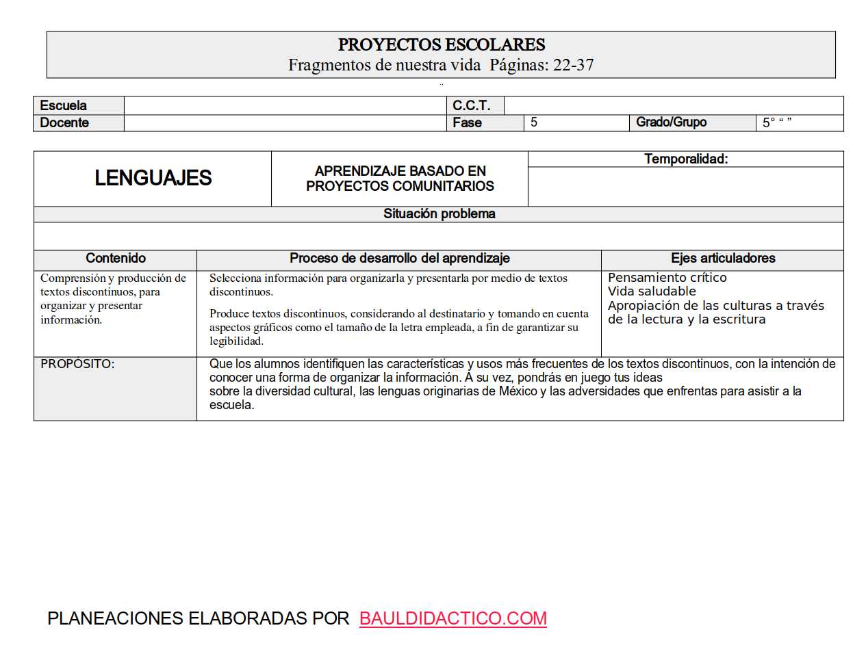 Planeaciones 5to Fragmentos de nuestra vida
