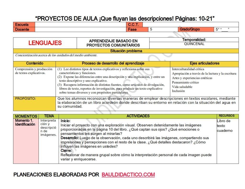 Planeaciones 5to-¡Que fluyan las descripciones!