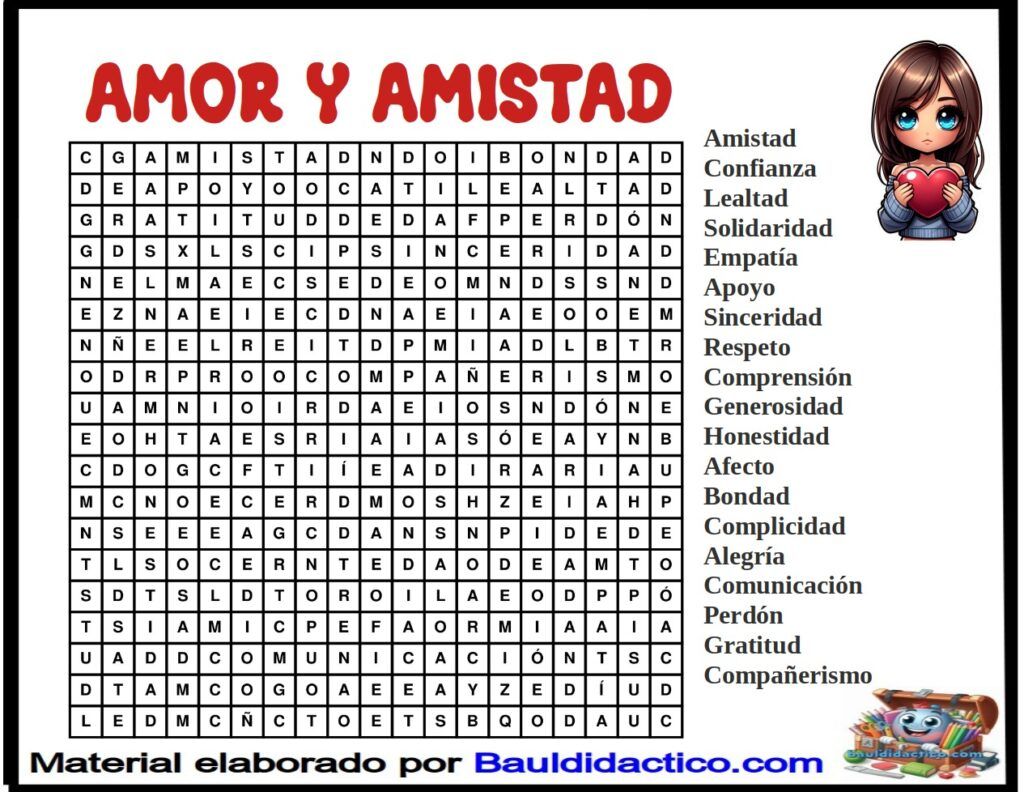 Sopa de letras de amor y amistad