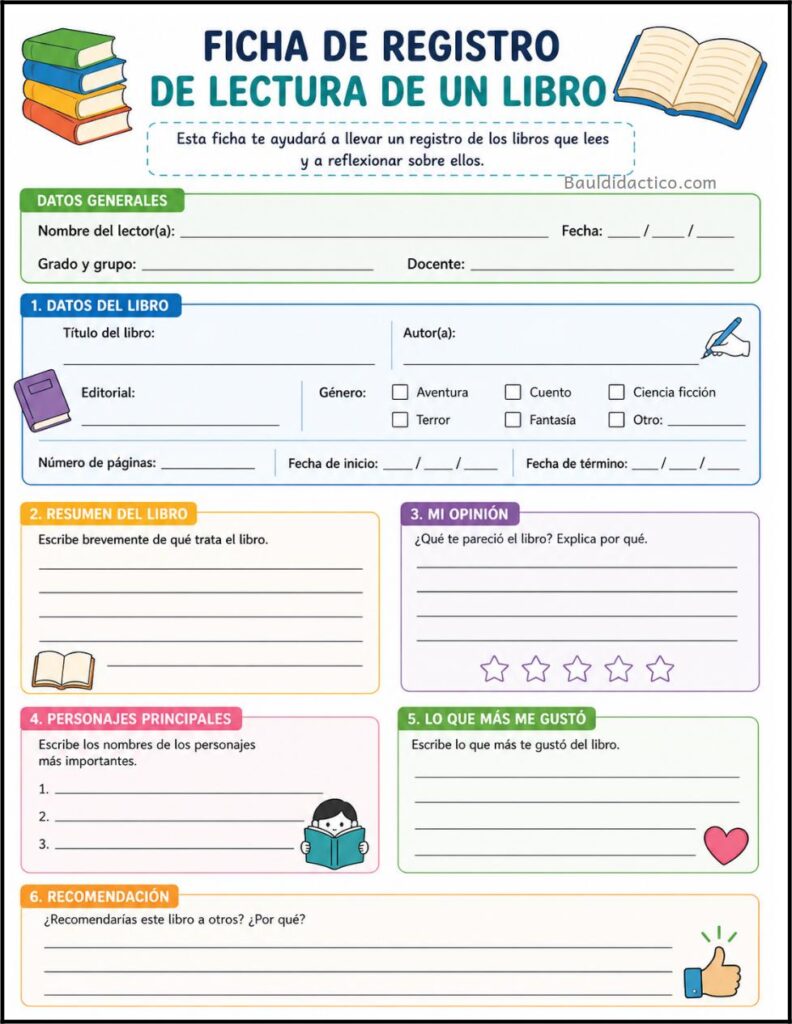 Ficha de registro de lectura con espacios para anotar información