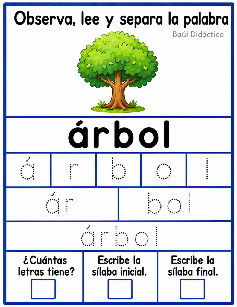 Letra A: Observa, lee y separa la palabra