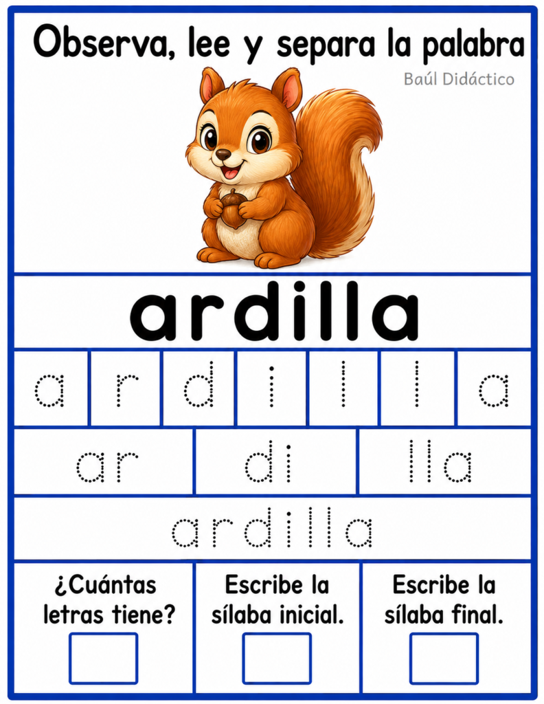 Letra A: Observa, lee y separa la palabra