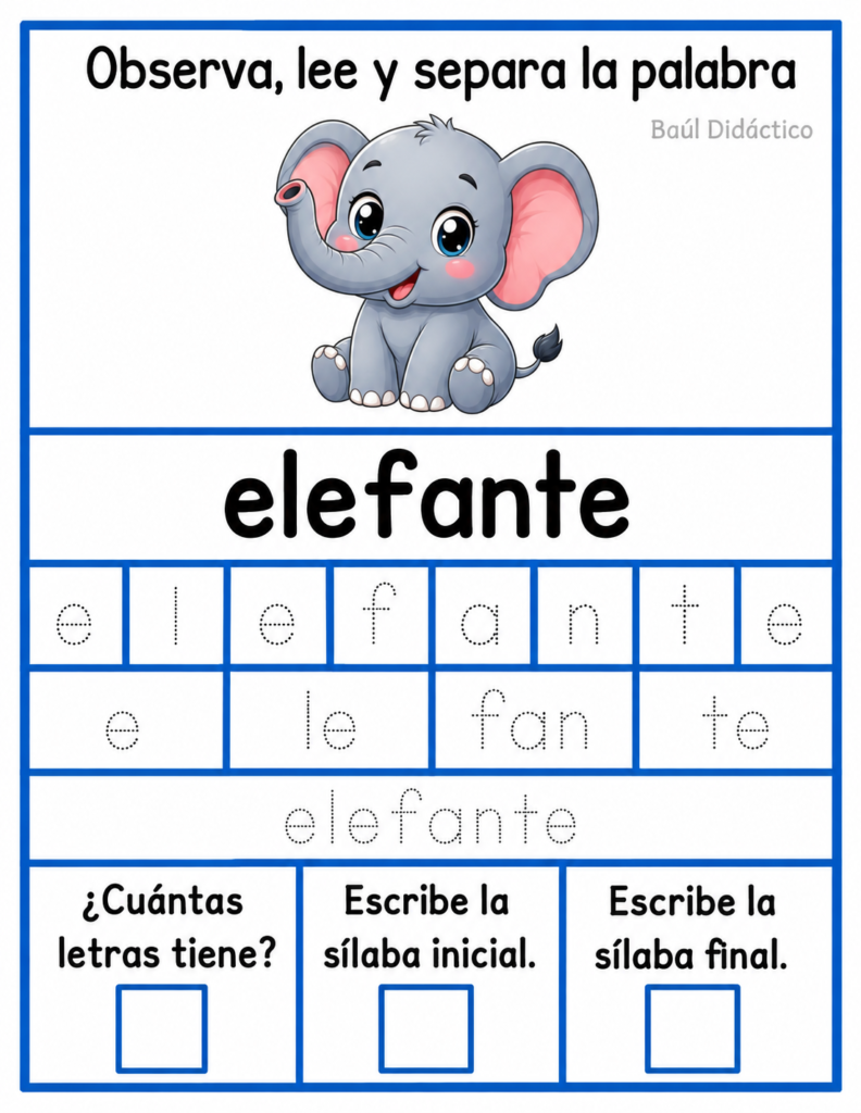 Letra E: Observa, lee y separa la palabra
