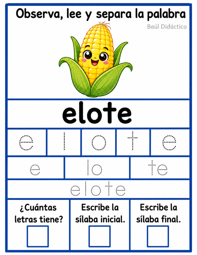 Letra E: Observa, lee y separa la palabra