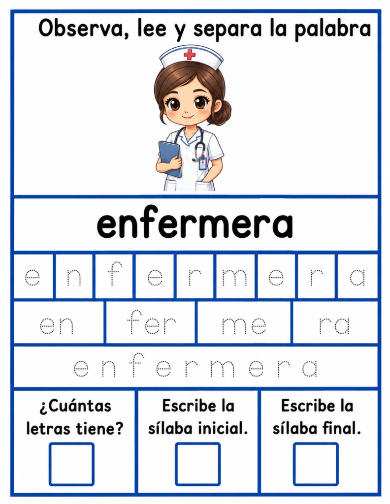 Letra E: Observa, lee y separa la palabra