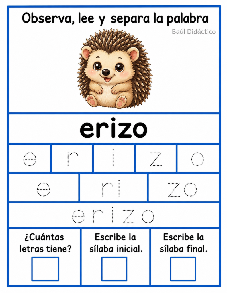 Letra E: Observa, lee y separa la palabra