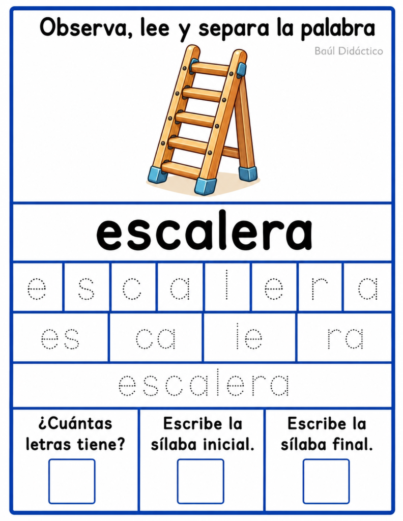 Letra E: Observa, lee y separa la palabra