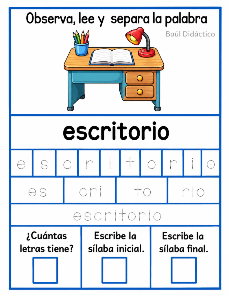 Letra E: Observa, lee y separa la palabra