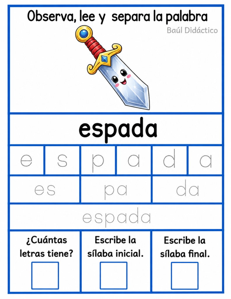 Letra E: Observa, lee y separa la palabra