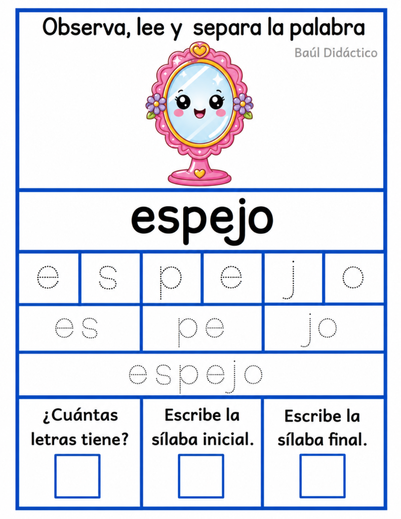 Letra E: Observa, lee y separa la palabra